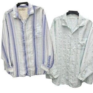 Caribbean Set of 2 Button Up Shirts Linen Blend Mens 3XB Stay Cool Blue Green